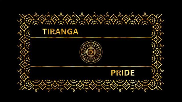 Golden Tiranga Pride text and Ashoka Chakra with traditional Indian mandala border on black background.