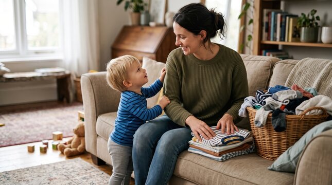 Mother folding laundry while a toddler stays physically close, showing the constant overlap of household work, emotional availability and hands-on daily parenting.