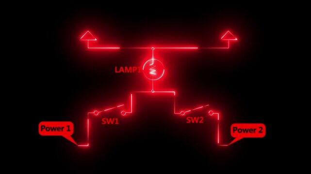 Neon red electrical circuit diagram animation with glowing switches and lamp schematic