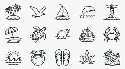 Creative Black and White Line Drawing Icons Set Featuring Tropical Beach Marine Life and Vacation Essentials © Andi