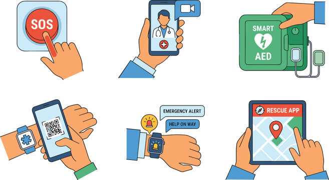 Emergency medical response vector illustration set with cartoon hands pressing SOS button automated external defibrillator smart aed mobile rescue app map