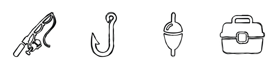 A collection of four essential fishing tools depicted as minimalist line art icons, perfect for illustrating angling activities and equipment © Vova7