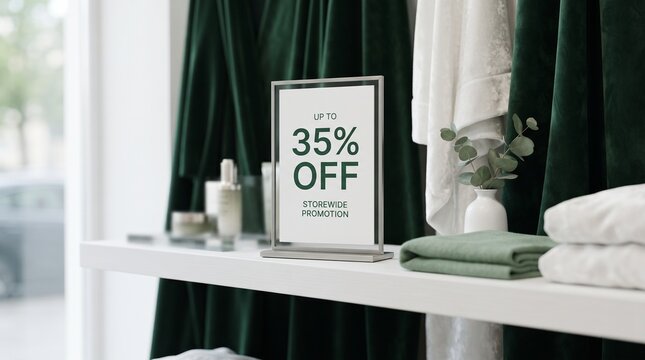 Retail sale discount sign with 35 percent off on modern shelf. Minimalist home decor display with pricing tag for clearance event.