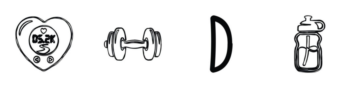 Collection of hand-drawn fitness equipment and symbols representing a healthy and active lifestyle, perfect for workout motivation
