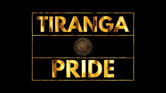 3D golden metallic Tiranga Pride typography with Ashoka Chakra inside rectangular frame on black background.