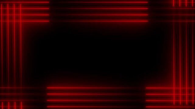 Red neon glowing grid frame abstract background, pulsing laser light lines border for digital display