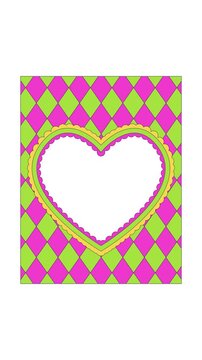 Preppy argyle heart-shaped animated retro frame overlay. Harlequin diamond pattern. Whimsical scalloped motif. Transparent vertical border animation for social media and video content