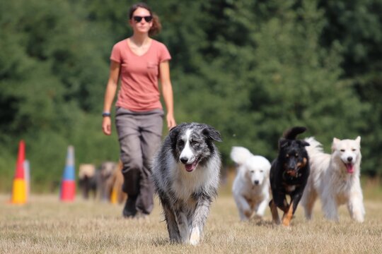 A woman walking with multiple dogs in a spacious field enjoying a sunny day together promoting pet wellness and training for dog owners and enthusiasts. Generative AI