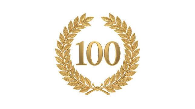 Golden 100 number with laurel wreath isolated on transparent background
