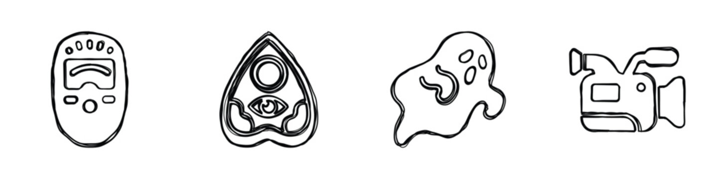 Explore these unique illustrations depicting ghost hunting tools and symbols drawn in a minimalist line art style
