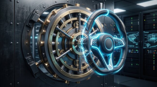Futuristic bank vault door with glowing steering wheel lock mechanism. Digital server room representing secure cryptocurrency storage and neobank technology.