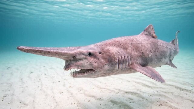 goblin shark underwater close up in deep ocean japan video