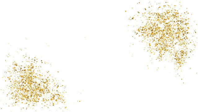 Gold glitter confetti background, abstract golden dust particles border design on white