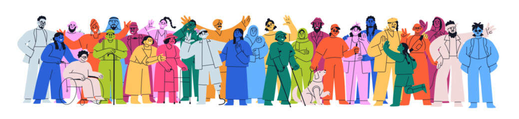 Obraz na płótnie Canvas Diverse multinational people crowd. Inclusive multicultural society, different men, women, kids group. Community, diversity and inclusion. Flat vector illustration isolated on white background
