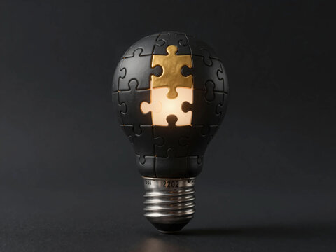 Digital business integration concept featuring executive hand assembling luminous puzzle pieces with holographic analytics cloud computing software architecture and enterprise technology solutions