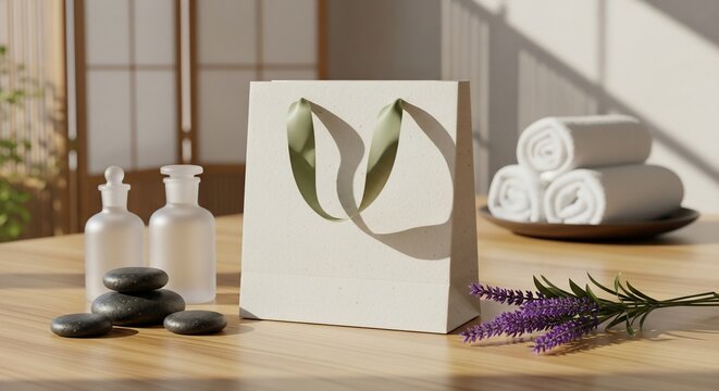 Blank paper gift bag for spa branding mockup on a wooden table with lavender