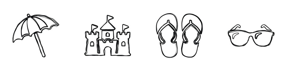 A simple line drawing collection featuring essential items for a fun day at the beach, perfect for summer themes © Vova7