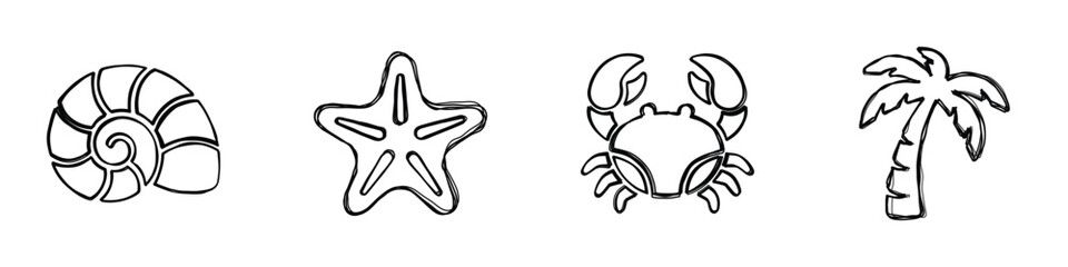 A collection of four simple, hand-drawn line art icons representing common beach elements, perfect for summer themes © Vova7