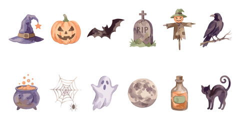 Obraz premium Collection of various Halloween-themed cartoon illustrations including a witch hat, jack-o'-lantern, bat, and ghost on a white background