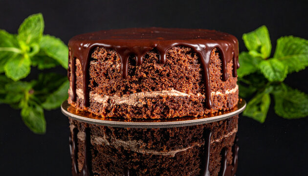 Chocolate ganache cake close up with glossy mirror glaze reflection detail