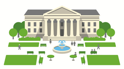 Obraz premium People walk through a landscaped park area in front of a grand government building with a fountain.