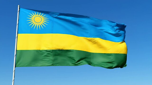 Rwanda flag waving on flagpole against clear blue sky, national symbol, patriotism, independence, travel
