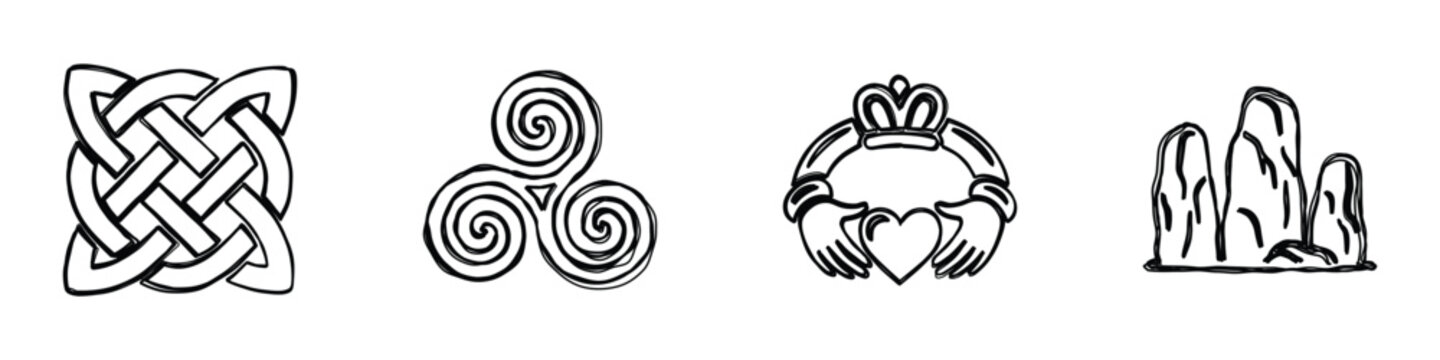 A compilation of distinct cultural emblems including a Celtic knot, a triskele, a Claddagh ring, and a representation of the Giant's Causeway