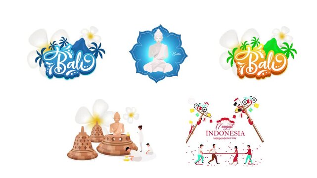 Indonesia and Bali travel 2D animation set. Buddha meditation. Borobudur temple. Tropical logo. Indonesian Independence Day animated cartoon flat concepts 4K video pack isolated on transparent