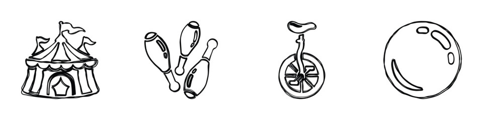 A collection of hand-drawn black and white icons representing circus elements, including a tent, juggling pins, a unicycle, and a ball © Vova7