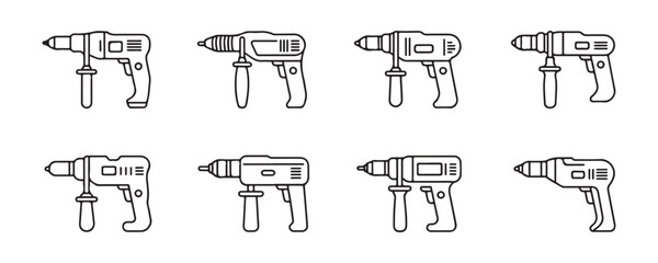 Collection of eight professional handheld power drill outlines for construction and home repair works. © Farik