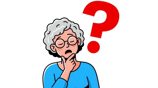 Elderly woman confused and thinking with question mark overhead, curious expression, animation