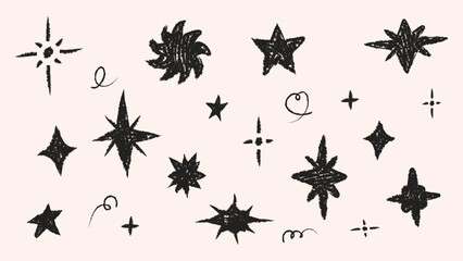Vector set of black hand drawn chalk sparkles and stars on light background. Monochrome texture doodle elements including shine blink glow bursts hearts and swirls isolated for magic night sky party d © Ayaulym