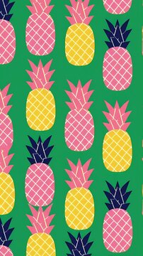 Colorful pineapple pattern animation, repeating tropical fruit motif, fun summer vibe, motion graphic loop