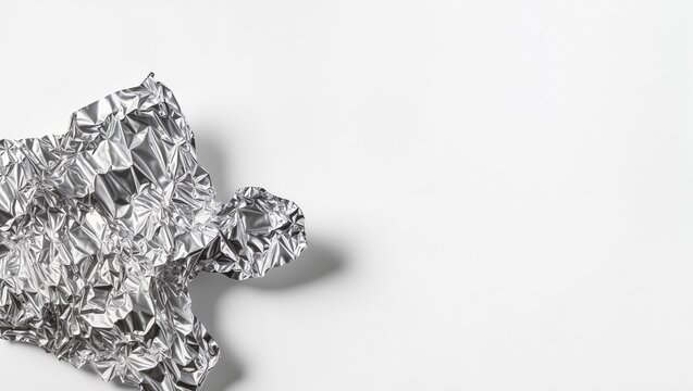 Crumpled silver aluminum foil corner border on clean white background mockup