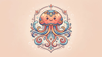Colorful jellyfish with swirling tentacles illustration. © Akun