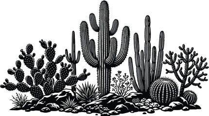 Black and white cactus garden illustration © MohammadMasud