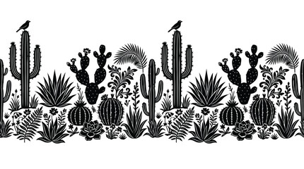 Black and white cactus garden with succulents and birds © MohammadMasud
