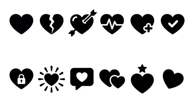 Collection of black heart icons with various symbols, including broken, arrow, heartbeat, and lock, on a clean white background