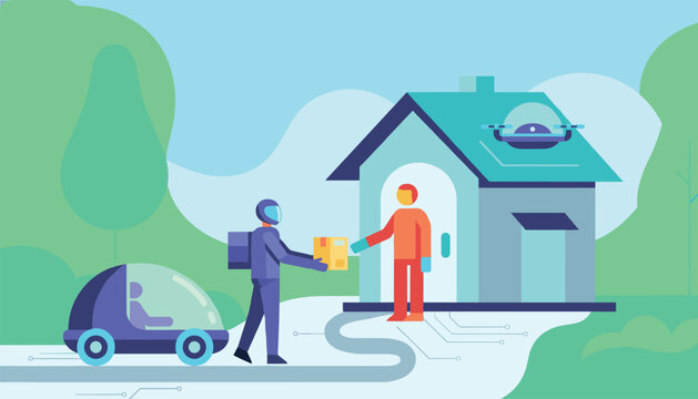 Futuristic contactless courier service illustration depicts delivery person handing over box with helper drone and pod car.
