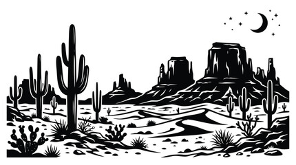 Black and white desert landscape with cacti and mountains © MohammadMasud