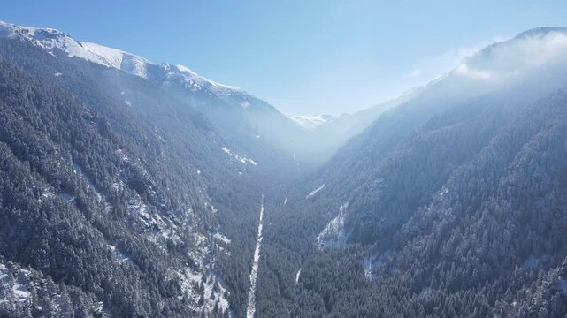 Aerial winter view of Rila Mountain near Beli Iskar village, Sofia Region, Bulgaria