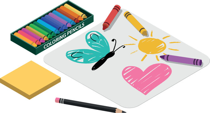 Isometric children creativity concept with a box of coloring pencils, wax crayons, sticky notes, and a hand-drawn picture featuring a colorful butterfly, sun, and heart shape on white background.