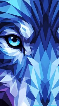 Geometric wolf head animation, low poly style, blue and purple tones, abstract animal portrait motion graphic