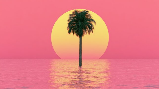 Single palm tree in ocean against sunset