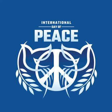 International day of peace - Abstract line twin birds of peace flying between circle peace sign on blue background vector design
