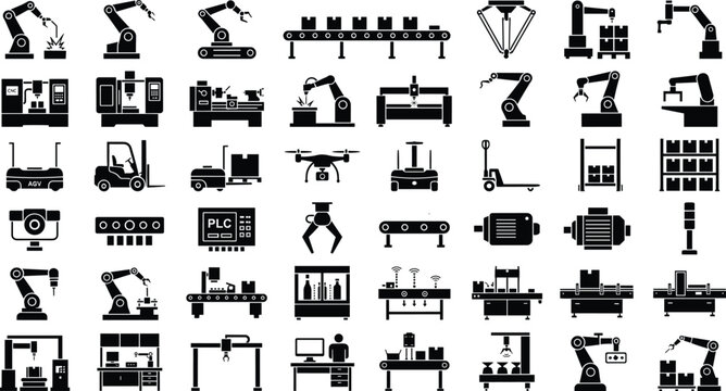 Industrial Automation Manufacturing Equipment Silhouette Icon Set with Robotics and Smart Factory Elements