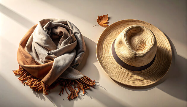Brown hat and scarf accessories.