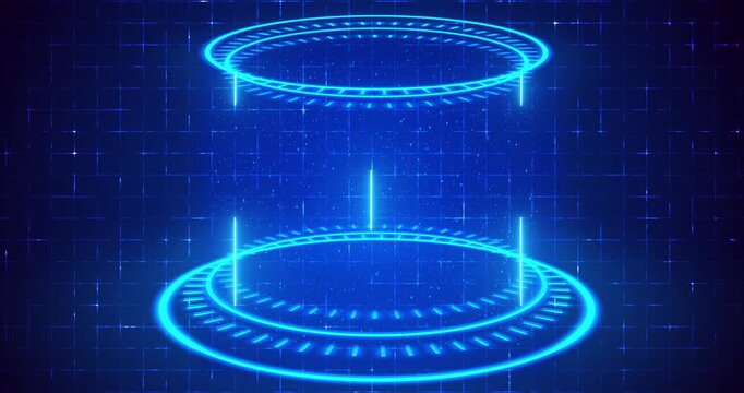 Futuristic Magic Hologram Portals with HUD Circle Interface on Digital Grid Background in 4K. Sci-fi digital style. Magic circle portals. Abstract hologram technology. Abstract technology Background