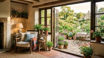 Fototapeta premium Cozy cottage interior opens to a blooming garden with a stone house in the distance