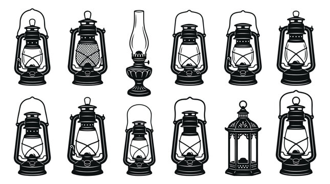 Black and white vintage lanterns on white background